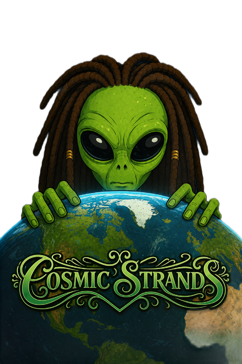 Cosmic Strands — dreadlocked alien mascot cradling Earth
